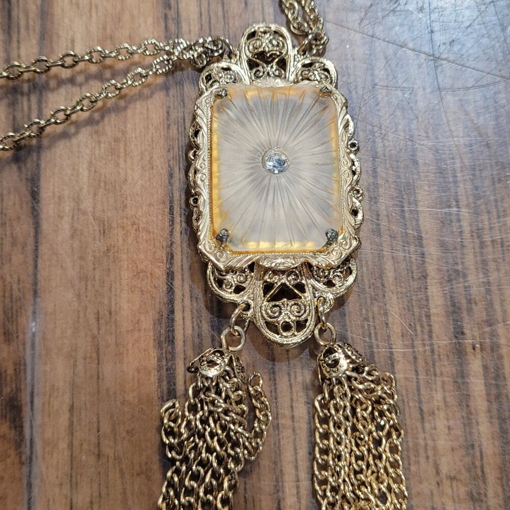 Vintage Camphor Style Glass Necklace with Crystal Accent and Tassel Details